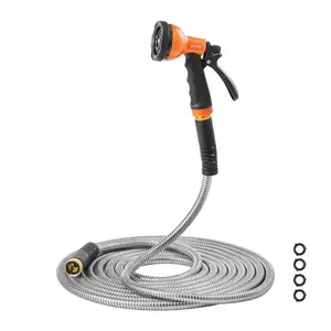 VEVOR Metal Garden Hose 25 ft, Rust Proof Stainless Steel Water Hose, Heavy Duty Backyard Hose with 10 Function Nozzle, No-Kink & Flexible Water Pipe, Lightweight Metal Hose for Yard, Outdoor