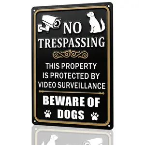 No Trespassing Beware Of Dog Video Surveillance Aluminum Metal Sign - 8x12 Inch Rustic Security Warning Wall Decor for Home, Yard, Fence & Property - Practical Gift for Homeowners, Dog Owners & Security Enthusiasts
