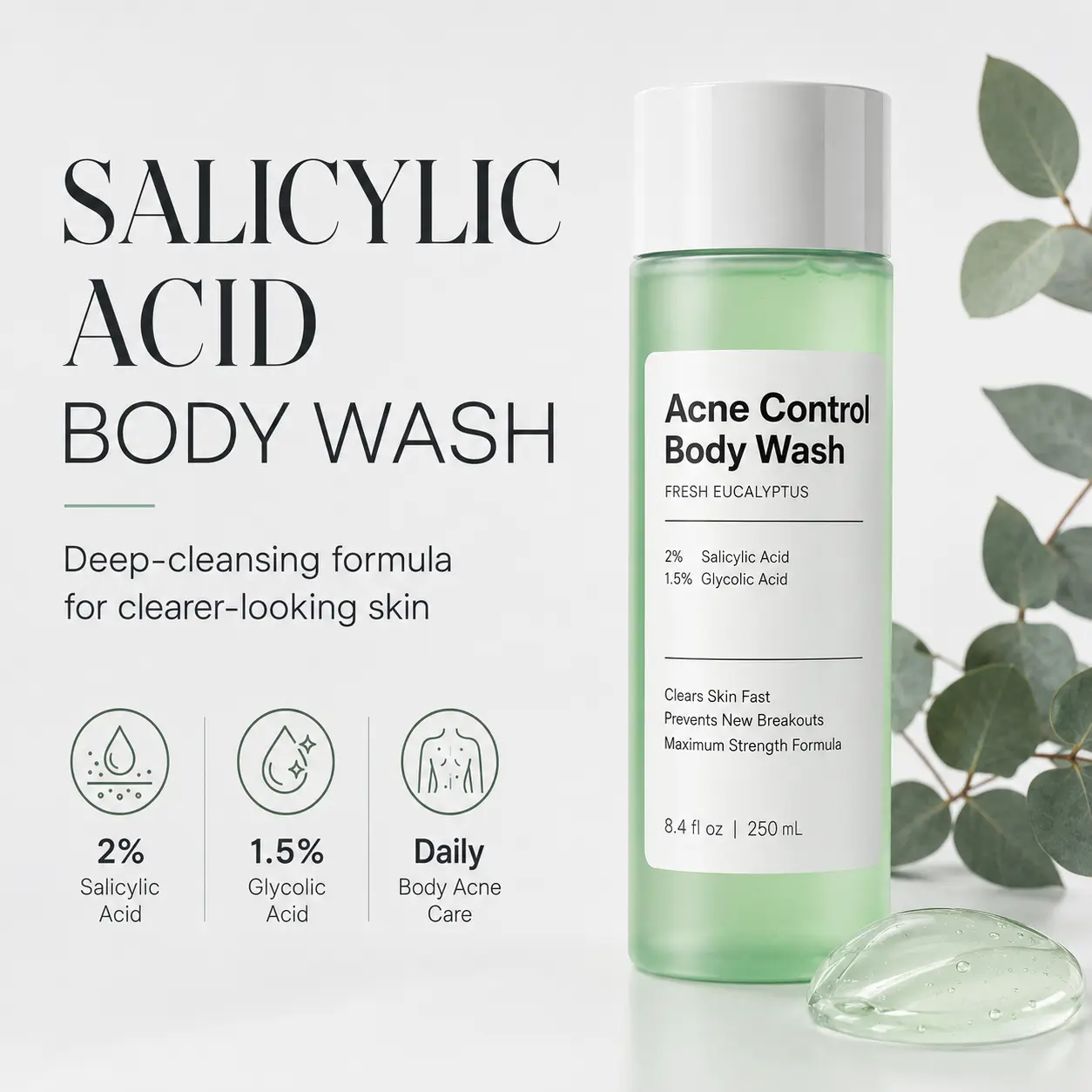 Salicylic Acid Body Wash | Clarifying Body Cleanser with 2% Salicylic Acid + 1.5% Glycolic Acid | For Back, Chest, Shoulders & Breakout-Prone Skin | 8.4 Oz