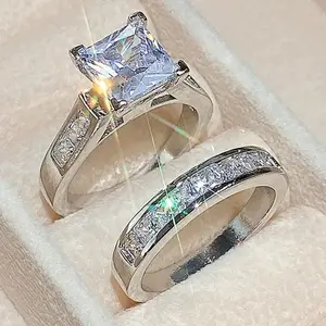 Two-Piece Princess Cut Square Ring Set for Women - Deluxe Micro Pave CZ Engagement & Wedding Band - Luxury Statement Jewelry Gift for Her, Anniversary & Proposal - Sparkly Cubic Zirconia Stackable Rings