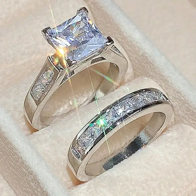 Women's 2-Piece Princess Square Ring Set - Luxury Statement Engagement Ring and Wedding Band for Anniversary Gift, Ring Stack, Affordable Fashion