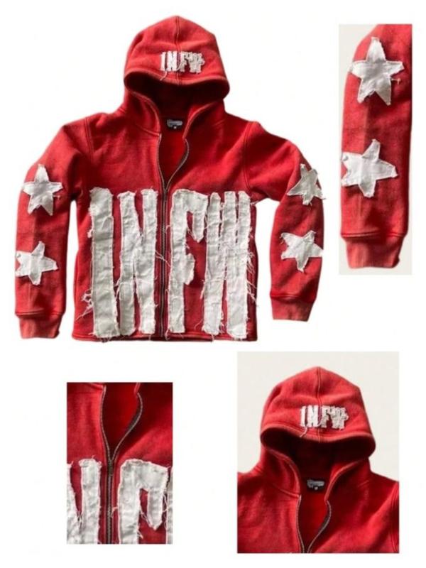 2026 Patchwork Hoodie Letter Star Print Pullover Casual Loose Fit Sweatshirt Red Color 100% Polyester Material