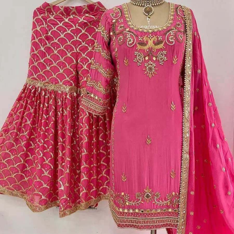 LATEST CHINON EMBROIDERY SEQUENCE MIRROR WORK TOP SHARARA WITH DUPATTA PINK Womenswear