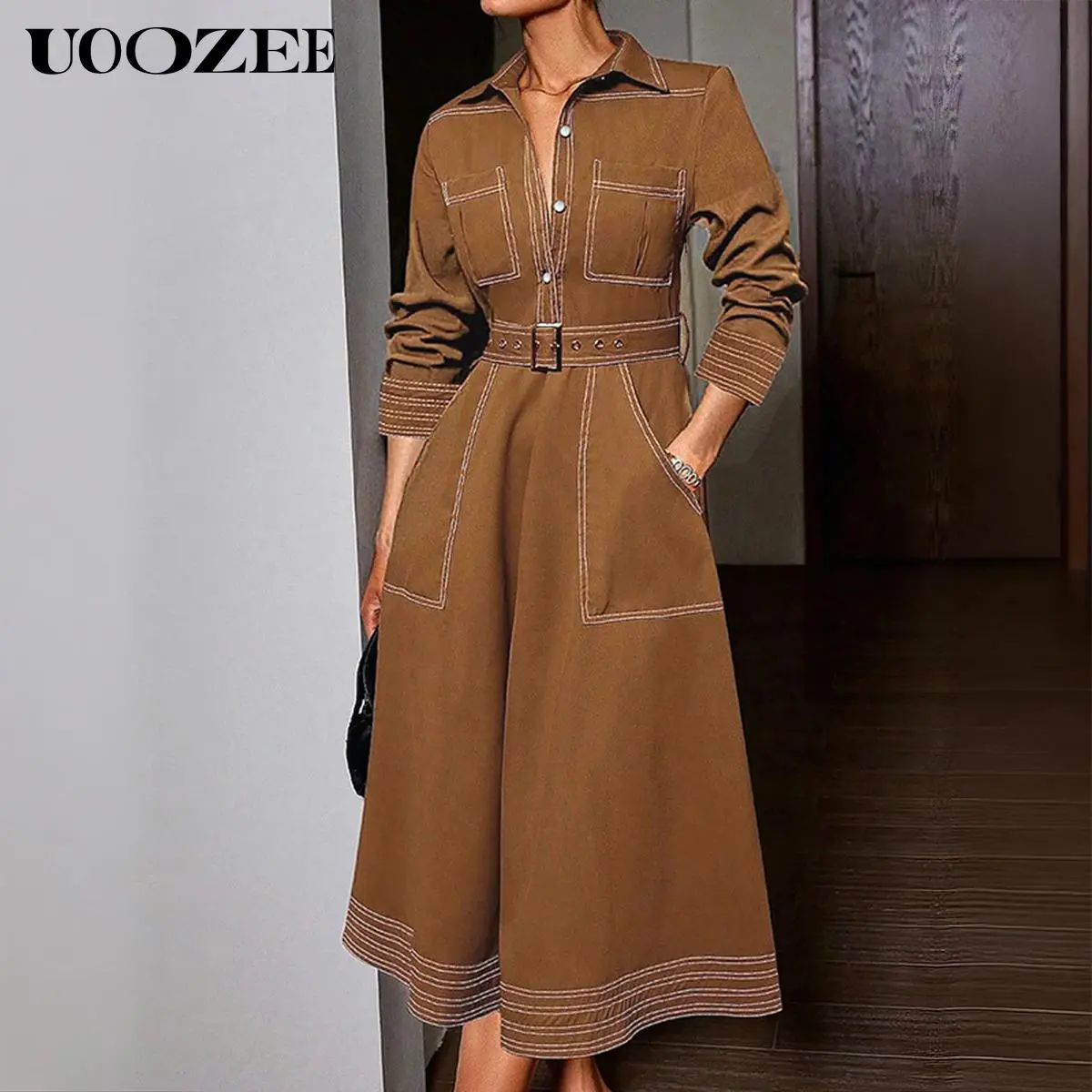 UOOZEE Women's Polyester Casual Shirt Dress - 2025 Autumn Long Sleeve, Collared, Minimalist Check, Button-Down, Lightweight, Loose A-Line, Elastic Lapel, Brown, Belt Strap, Basic, Pockets, Comfortable, Thanksgiving Outfits (Size Up for C-Cup & Above), Lon