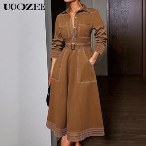 UOOZEE Women's Polyester Casual Shirt Dress - 2025 Autumn Long Sleeve, Collared, Minimalist Check, Button-Down, Lightweight, Loose A-Line, Elastic Lapel, Brown, Belt Strap, Basic, Pockets, Comfortable, Thanksgiving Outfits (Size Up for C-Cup & Above), Lon