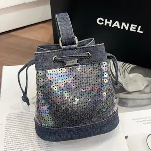 Pre-owned CHANEL Canvas Shoulder Bags Mermaid Denim Sequin Drawstring Mini Bucket Bag
