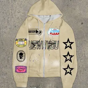 Men's Fleece Hooded Zip-Up Jacket, Fashion Graphic Print Casual Coat, Thick Fabric Long Sleeve, Fall & Winter Wear