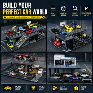 Diorama 1/64 Scale Car Garage Model LED Lighting City Street View Repair Shop Model Car Parking Lot Scene Display Building Model
