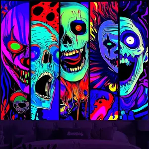 Blacklight Halloween Horror Wall Decor Tapestry for Bedroom, UV Reactive Skull Skeleton Tapestries, Black Light Gothic Face Neon Aesthetic Wall Hanging for Dorm Living Room 36x48 Inches