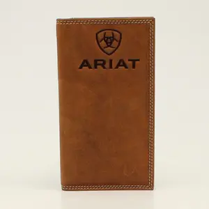 Ariat Men's Trifold Leather Cowboy Wallet - Medium Brown, Embossed Logo Shield, Contrast Stitching, Multiple Slots, Wallet Card Holder, Genuine Leather Wallet, Leather Rodeo Wallet