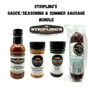 Stripling's Sauce/Seasoning and Summer Sausage Bundle - Hickory Smoked Beef Summer Sausage - Family Owned Premium Beef Jerky Snack Packs - Made in the USA