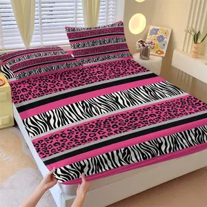 Color Block Animal Print Fitted Sheet Set and 2 Coreless Pillowcases, Soft Bed Sheets, Rose Pink Leopard and Black-White Zebra Pattern, Soft Anti-Slip Wrinkle-Resistant Mattress Protector, Y2K Bedroom Decor, Girls Room Decor
