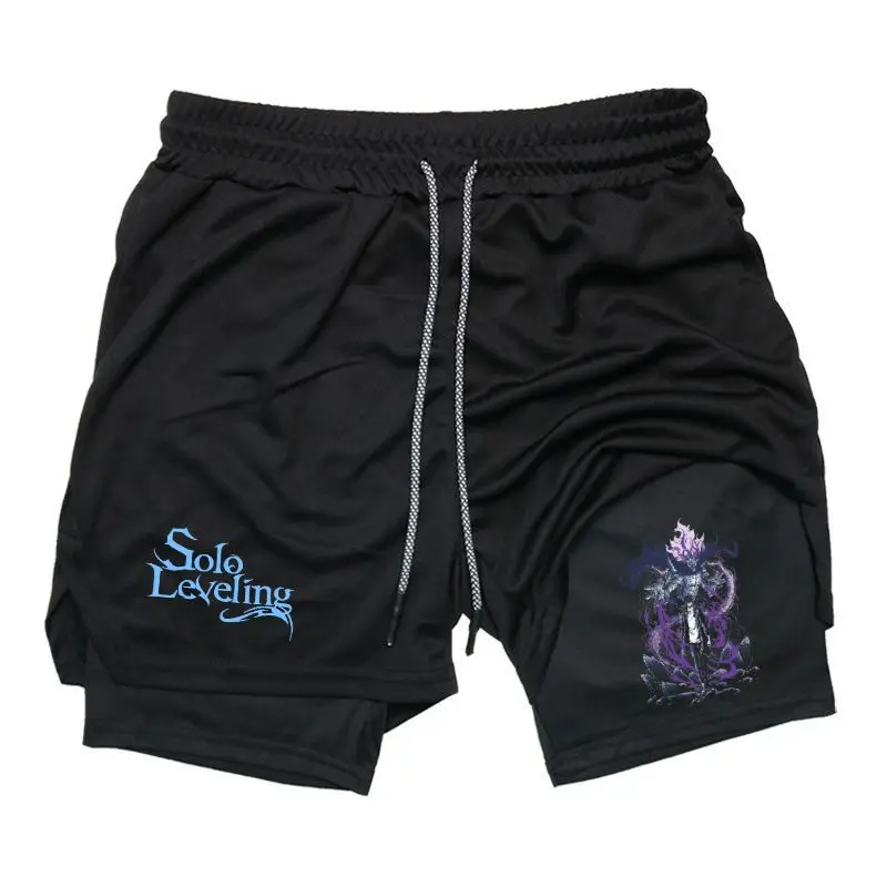 Men's Solo Leveling Shadow Monarch Anime Print Athletic Sweat Shorts, Compression-Casual Layer, Elastic Drawstring Waist, Streetwear Summer Outfits, Gifts for Him, Mesh, Anime Gym Wear