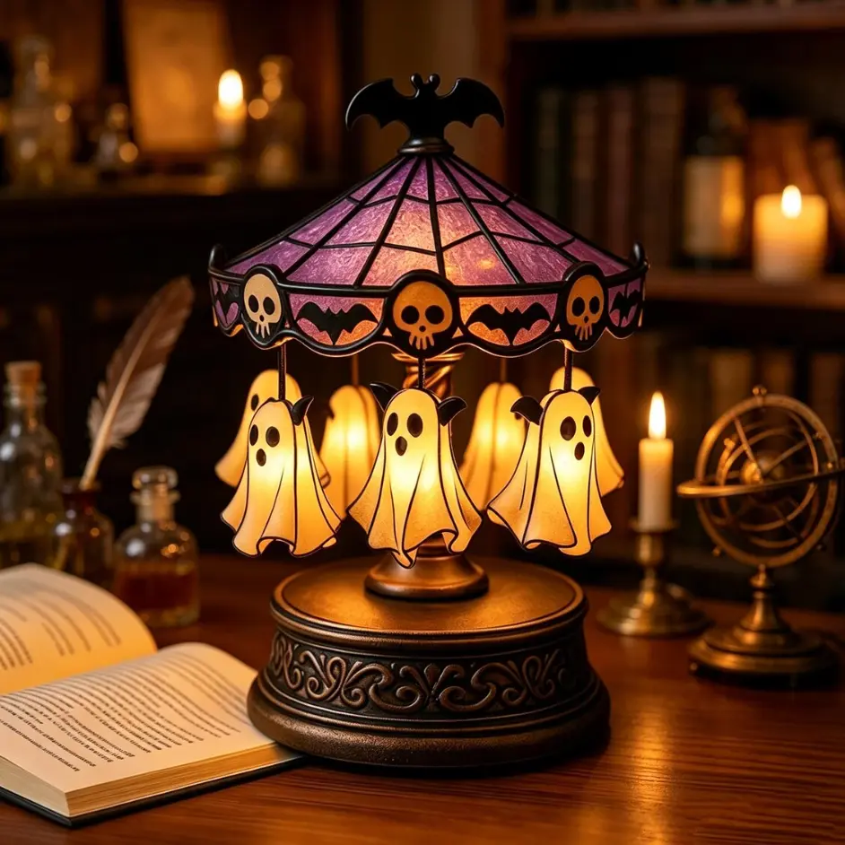 Spooky Ghost Carousel Lamp, Rotating Halloween Night Light with Skull & Bat Details, Vintage Gothic Desk Decor, Charming Aesthetic Bedroom Lamp, Magical Ambiance for Fall Parties, Unique Halloween Gift Idea for Kids & Ghost Enthusiasts