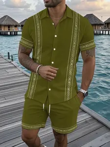 1PC Beach Surf Vacation Shirt Set, Tropical Pattern, Fitted Blouse & Shorts, Soft Material, Unisex, Ideal for Holiday & Commute