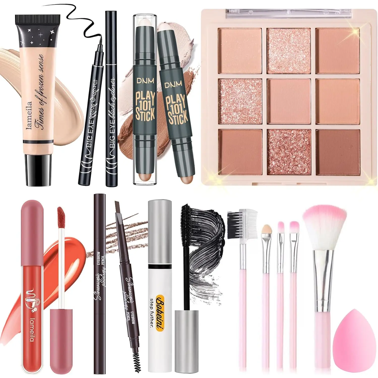 Makeup Set Kit for Women Girls, Includes 9 Color Eyeshadow, Counter Stick, Foundation, Eyebrow Pencil, Eyeliner, Mascara, Lip Gloss, 5Pcs Brushes, Sponge Versatile Iconic