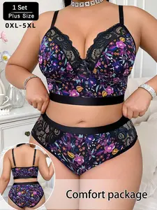 Women's Plus Size Elegant Lingerie Underwear Set, Rose Print Design, No Steel Cup, Multiple Colors, Push Up Bra, Nursing Support, Triangle Panties