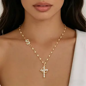 26 Letters Initial Necklace with Cross Pendant Copper Plated Personalized Letter Necklace with Dainty Cross Charm for Women Trendy Layered Chain Necklace for Daily Wear and Gifting