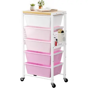 Rolling Cart with 5 Drawers, Drawer Carts with Wheels & Wooden Tabletop, Cart with Pegboards, Office Living Room Classroom Craft Organization and, Bright Pink