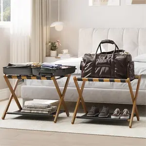Smart FENDEE 2 Pack Luggage Rack, Folding Luggage Rack for Guest Room, Walnut Bamboo Suitcase Stand Holds up to 131 Lb, Luggage Stand with Storage Shelf for Hotel, Bedroom