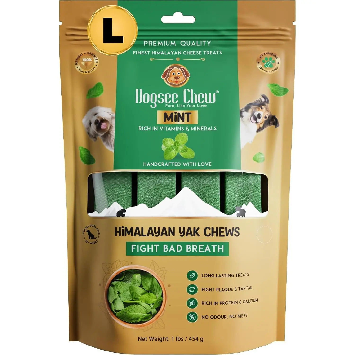 Dogsee Mint Flavor Himalayan Yak Chews for Dogs (Large - 4 Bars) 60% Protein, Aid Digestion Dog Chews for Teeth Cleaning Odorless Dog Treats Rawhide Free | Long Lasting