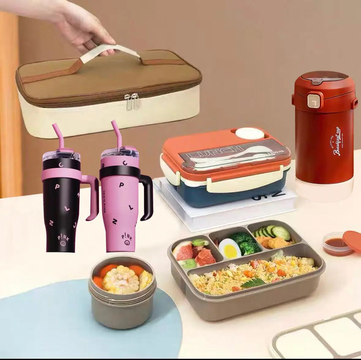 3 Layers Food Thermos Set With 3Layers Food Thermos 2200ml/74oz And Lunch Box Set And Black Pink Thermos 1200ml/40oz