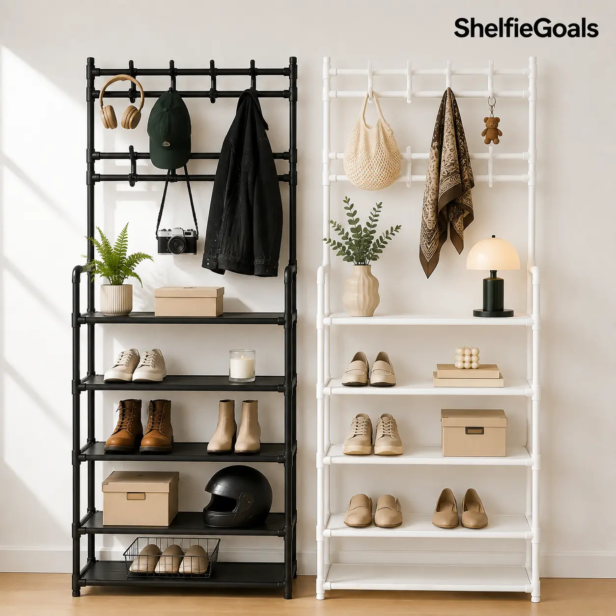 5-Tier Minimalist Entryway Shoe Rack with Hooks - Space-Saving, Sleek Home Organizer for Shoe Storage