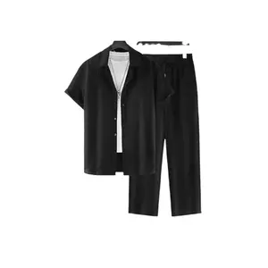 2026 Men's Striped Short-Sleeve Shirt with Button-Down Collar and Drawstring Trousers Set