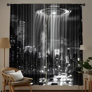 2 Piece Retro Drapes, City Sci-Fi Ship Print, Home Textile Window Decor, Digital Print Curtains, Home Decoration Curtain for Living Room Bedroom Kitchen