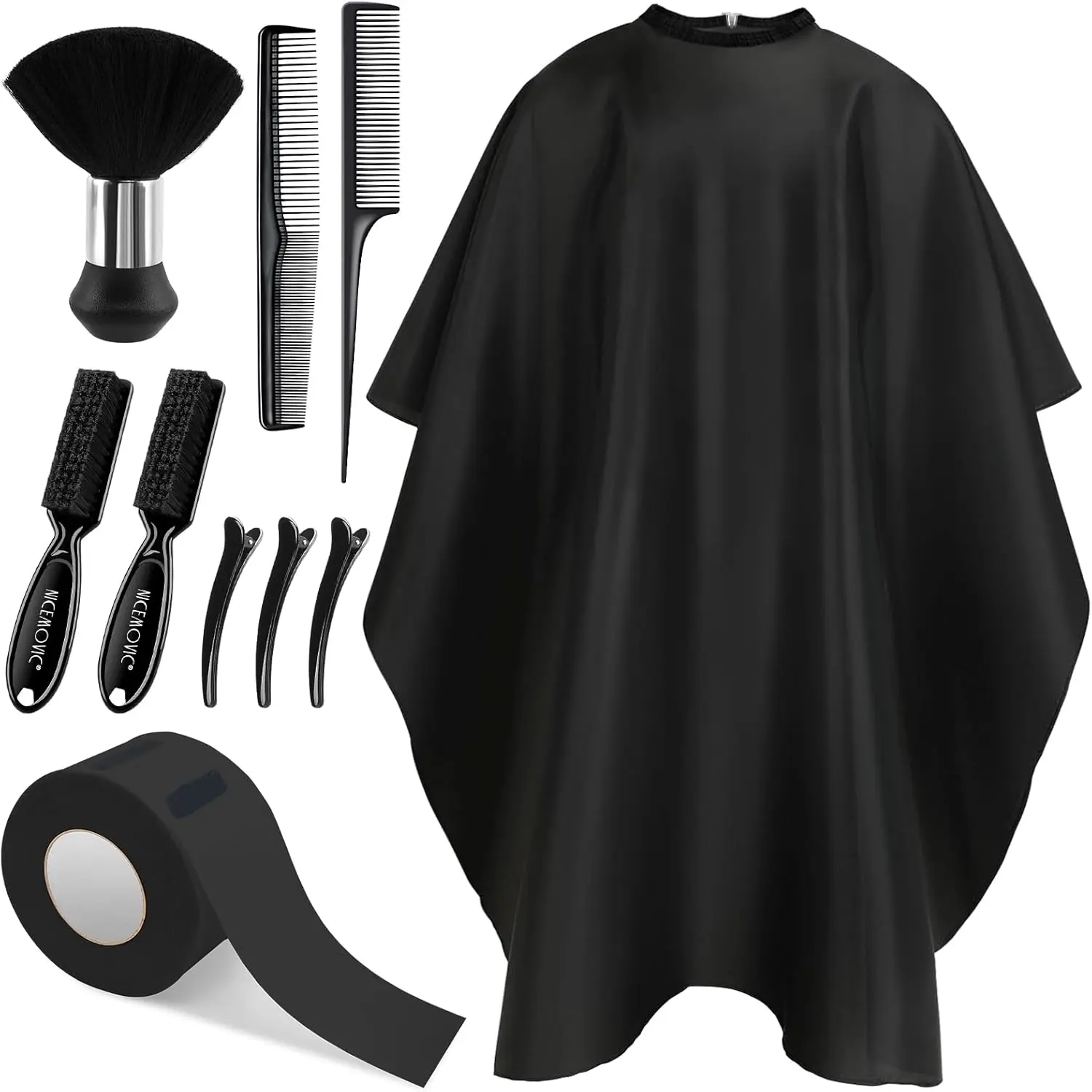 10 in 1 Hair Cutting Barber Cape with Neck Duster Brush Barber Brush Neck Strips Hair Combs Hair Clips, Professional Barber Accessories Cleaning Supplies for Salon Haircut Styling (Black)