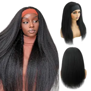 Ladies black headband wig long wave wig 20 inch Put On and Go non-adhesive half wig loose wave synthetic long hair.