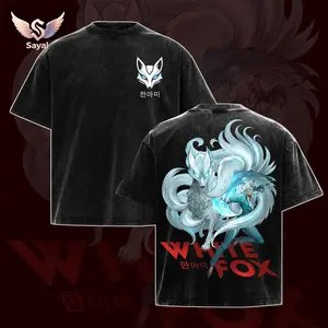 White Fox Han-ami MV Rivals Comic Spirit T-shirt Blue Ice Fox Nine Tails Design Vintage Washed Gaming Graphic Tee Casual Comfort Cotton Fabric Fit Top Men's and Women's Clothing for Esports Fans Birthday Gift Korean Gaming Lovers Hoodie Tank top