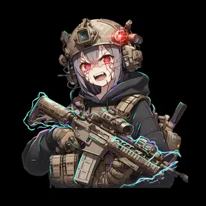 Berserk Operator Rage Sticker, Red Eyed Anime Soldier, High-Tech Rifle, Battle Energy