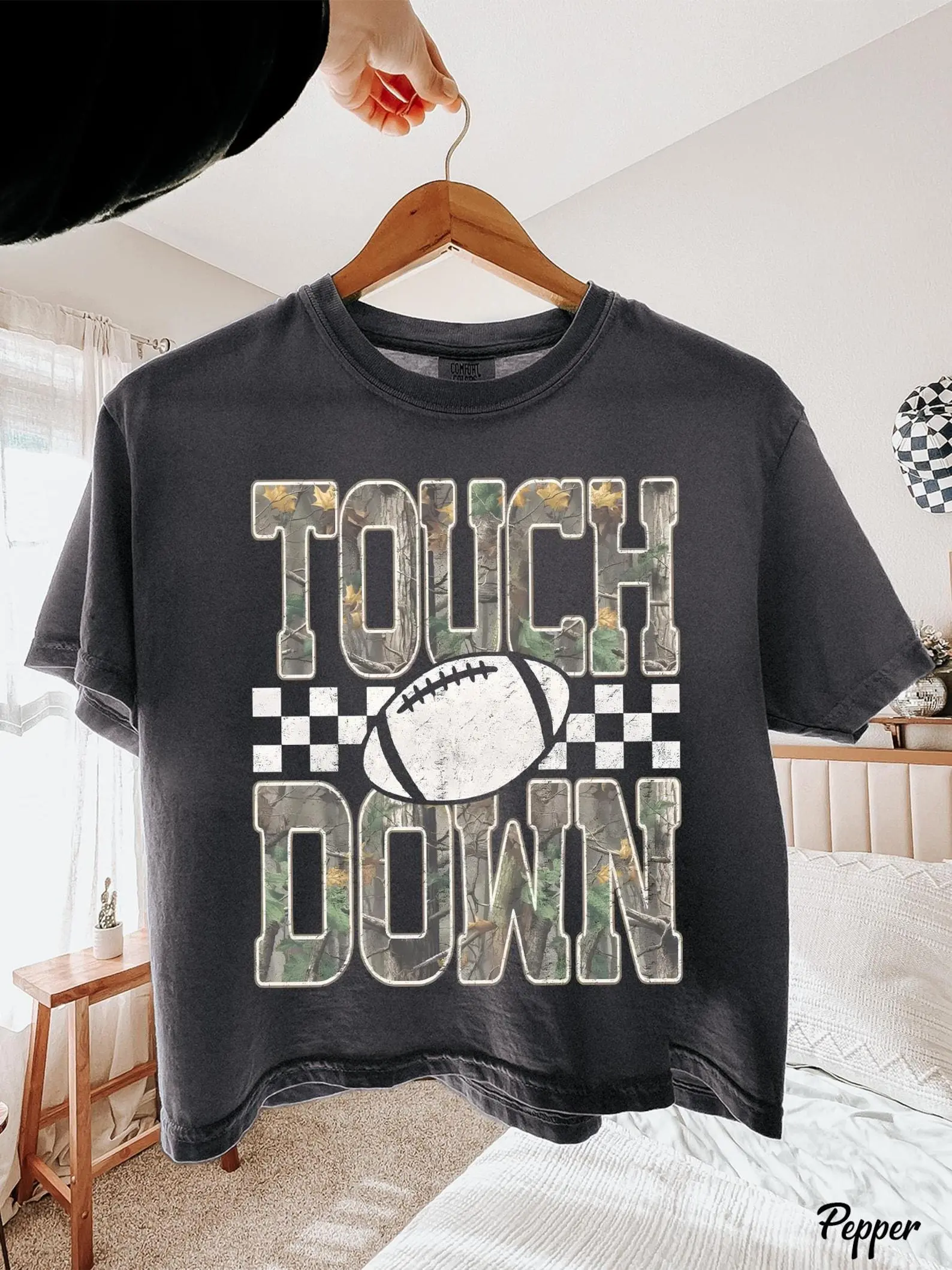 Women's Touchdown Camo Boxy Tee, Women's Cropped Boxy T Shirt, Camo Varsity Football Shirt, Comfort Colors Game Day, Retro Checker Camo Butter Tee, Football Mom Fall Gift Summer Fall Clothes Cotton Ribbed