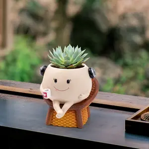 Cute Succulent Flowerpot with Headphones and Coffee Cup - Cartoon Flowerpot on Woven Chairs for Indoor Decoration, Unique Flowerpot for Home/Office, Perfect Gift for Plant Enthusiasts and Music Lovers
