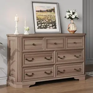 AMERLIFE Farmhouse 7 Drawer Dresser for Bedroom，54" Wide Wooden Dresser for Closet with Natural Wood Grain & Vintage Handles, TV Stand for Bedroom
