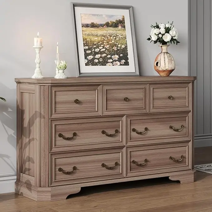 AMERLIFE Farmhouse 7 Drawer Dresser for Bedroom，54" Wide Wooden Dresser for Closet with Natural Wood Grain & Vintage Handles, TV Stand for Bedroom