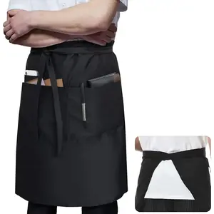 Black Long Server Apron with 3 Pockets 28 Inch Bistro Half Aprons for Men Women Waiter Waitress Chef