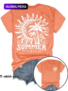 Women's Letter & Tropical Palm Tree Print Round Neck Tee, Casual Short Sleeve Crew Neck T-Shirt for Summer, Fashion Women's Top for Daily Wear