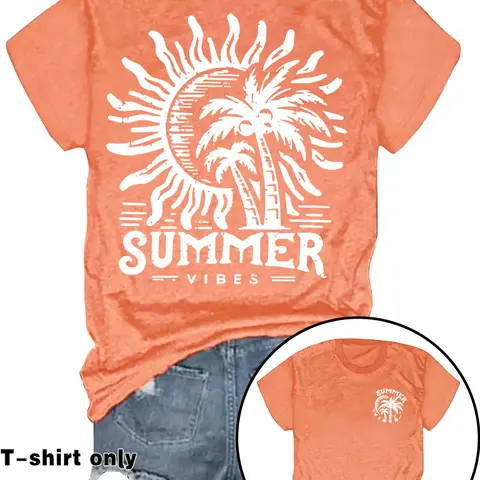 Women's Letter & Tropical Palm Tree Print Round Neck Tee, Casual Short Sleeve Crew Neck Fitted T-Shirt for Summer, Fashion Women's Top for Daily Wear Everyday Womenswear Style, Graphic Casual Top