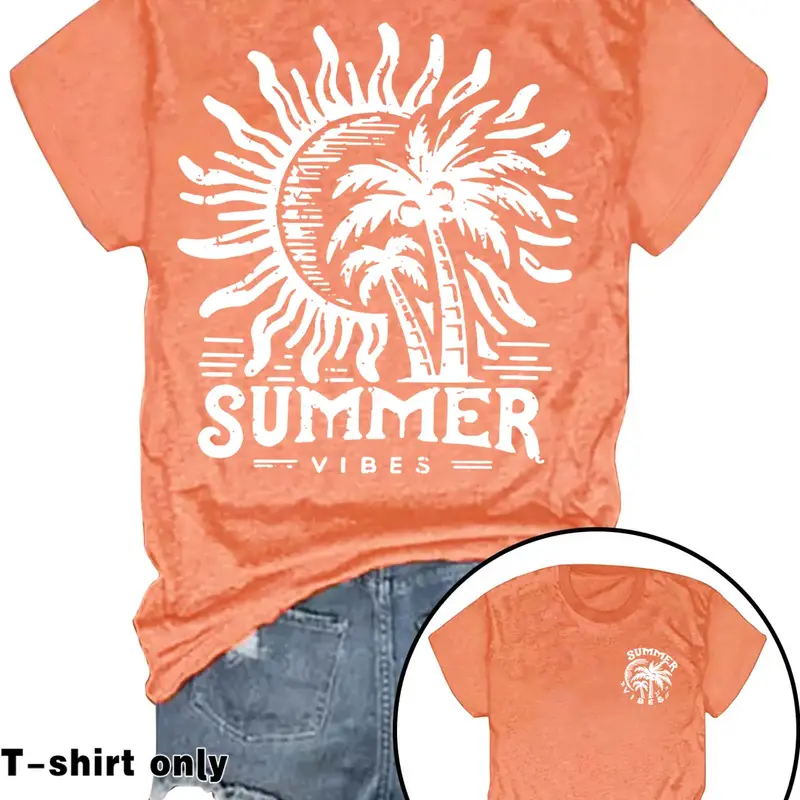 Women's Letter & Tropical Palm Tree Print Round Neck Tee, Casual Short Sleeve Crew Neck Fitted T-Shirt for Summer, Fashion Women's Top for Daily Wear Everyday Womenswear Style, Graphic Casual Top