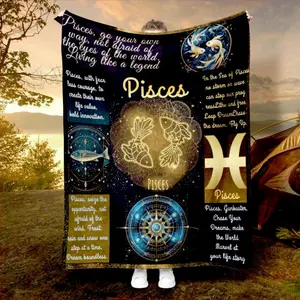 1Pc Pisces Zodiac Blanket - Navy Blue & Golden Astrological Throw With Personalality Traits, Soft Flannel All-Season Bedspread For Birthday, Housewarming Gifts - Cozy Celestial Decor For Zodiac Lovers, Birthday Gift Idea, Mystical Design, Highquality Text