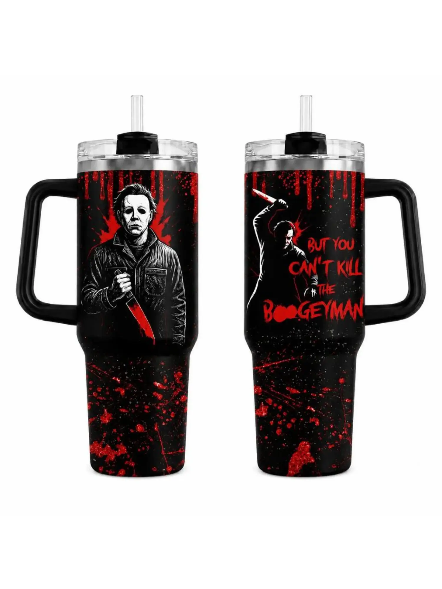 Halloween Horror Tumbler, 30oz 40oz Black Red Scary Movie Fan Cup, Slasher Knife Blood Splatter Drinkware, No Straw