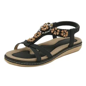 Women's Bohemian Floral Sandals Lightweight Comfortable Elastic Back Strap Summer Beach Travel Shoes Beaded Rhinestone Wedge Flat Breathable Soft Sole Roman Women Classy Sandals for Ladies Casual Daily Wear Outdoor Party Fashion Footwear