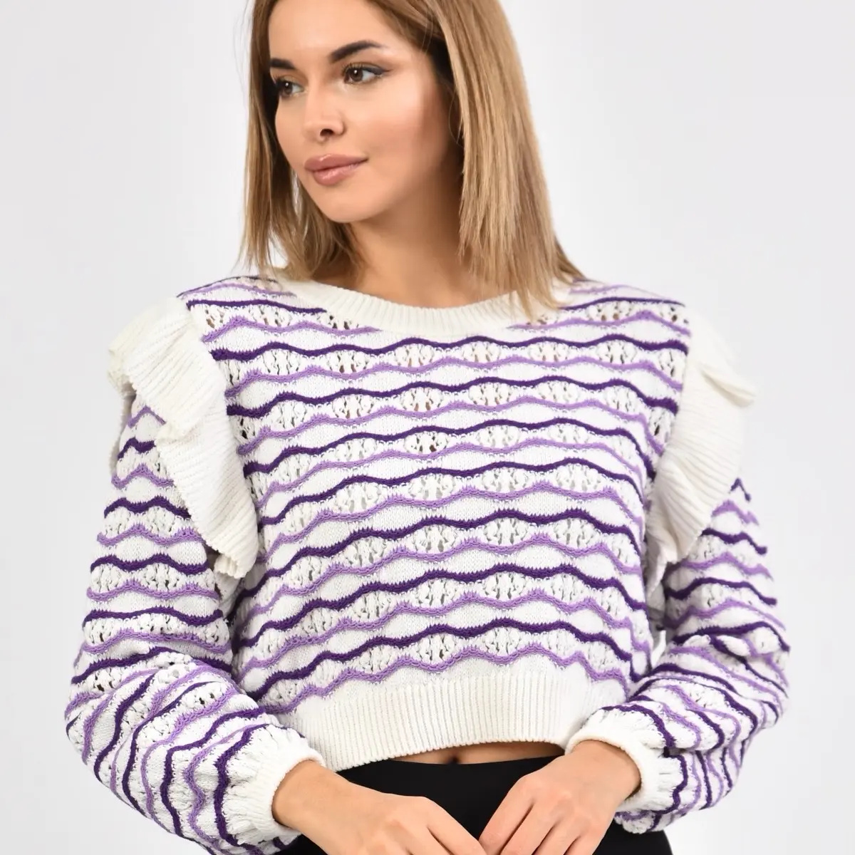 Ladies Knitted Wavy Stripe Texture Crop Sweater Knitwear