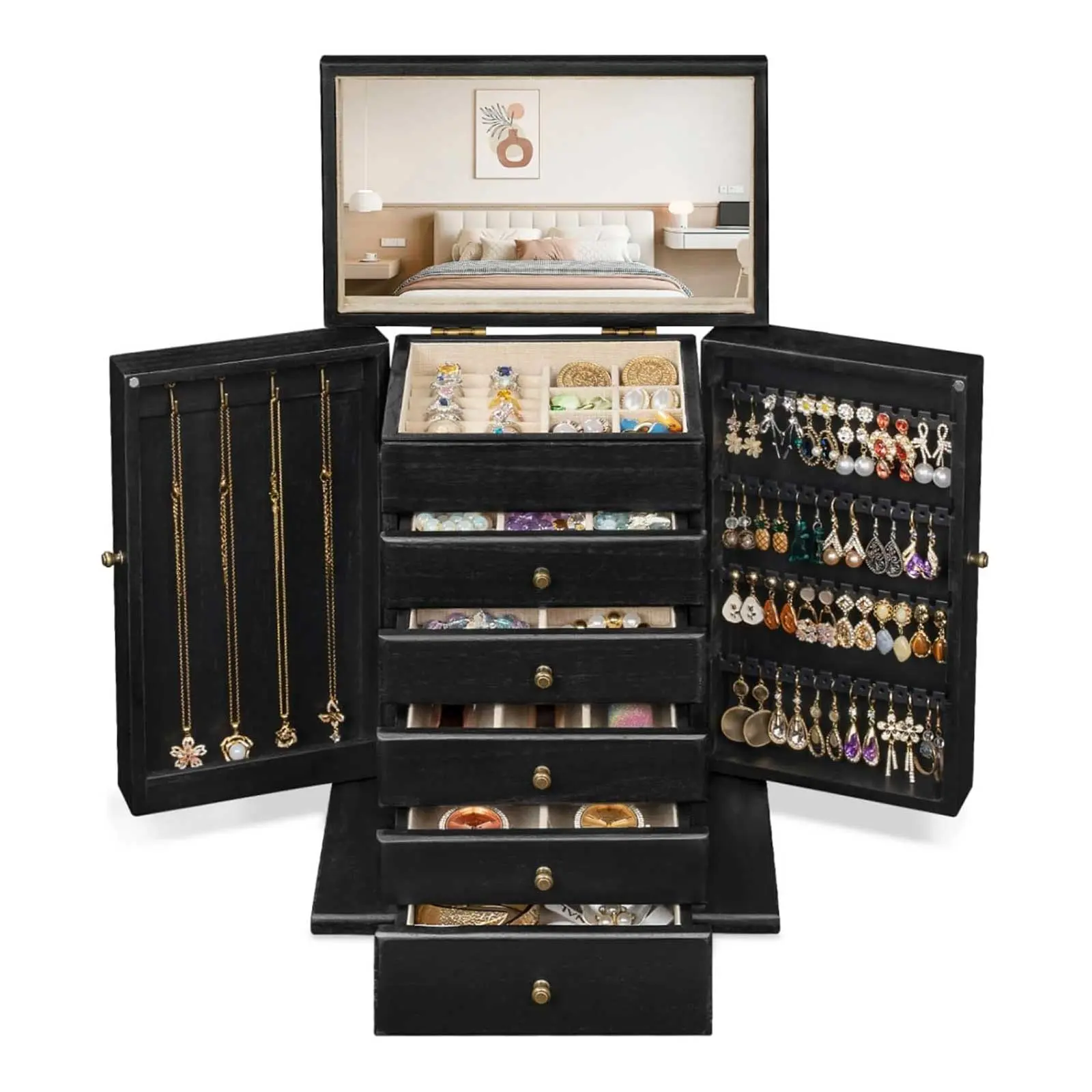 Emfogo Jewelry Box Organizer for Women, Large Wooden Jewelry Storage Box for Rings Earrings Necklaces Bracelets Watches, 6-Tier Rustic Rectangular Jewelry Case with Mirror, 6 Drawers, Side Doors, Soft Linen Lining, Black