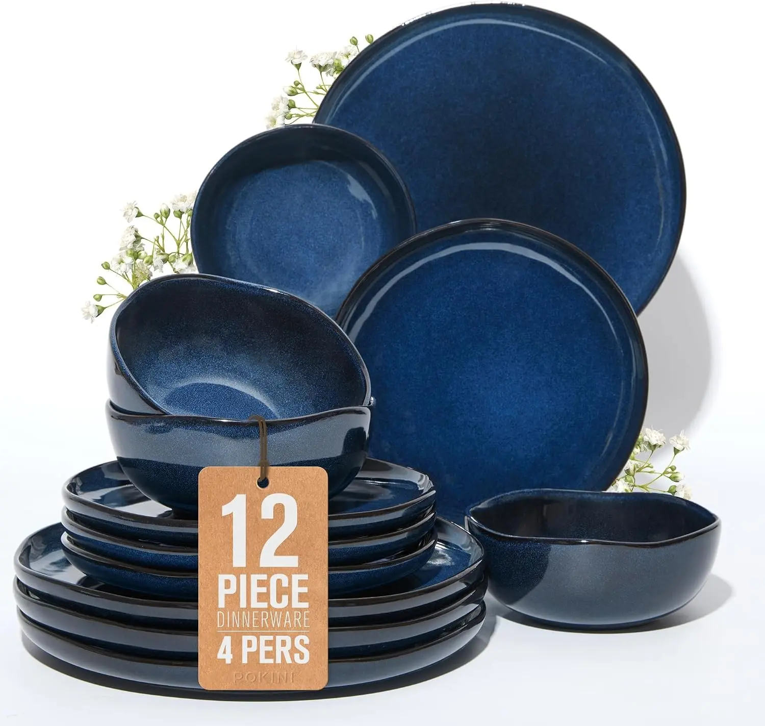 Pokini Ceramic Dinnerware Sets for 4, 12pcs Plates and Bowls Sets Dish Set | Stoneware Dishware sets, Microwave & Dishwasher Safe, Cereal Bowls and Dinner Plates Set, Stackable Dishes Set, Starry Blue