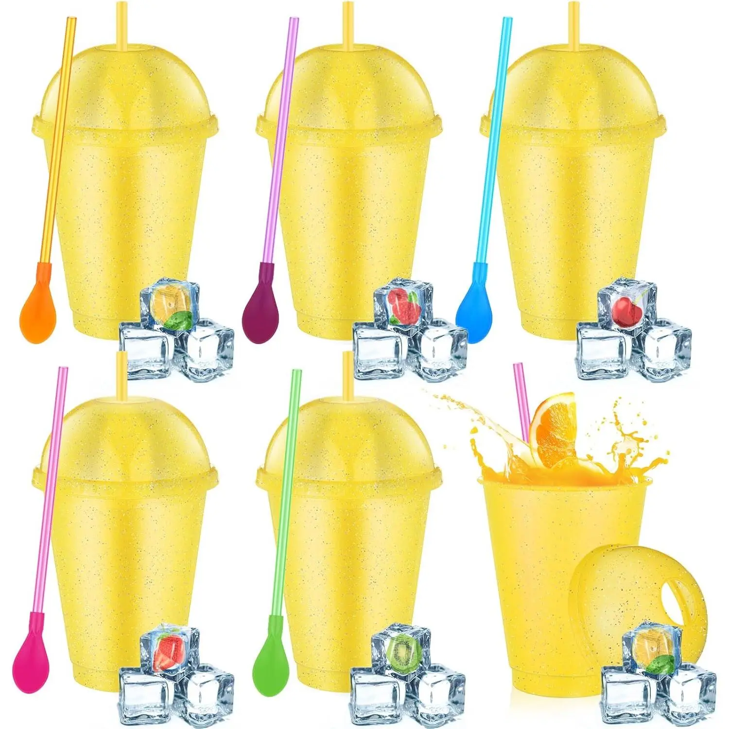 6 Set Slushie Cups with Dome Lids and Straws Detachable Spoon Straws  Plastic Iced Coffee Cups Smoothie Tumbler for Birthdays Summer Party Supplies(Yellow,16 oz)