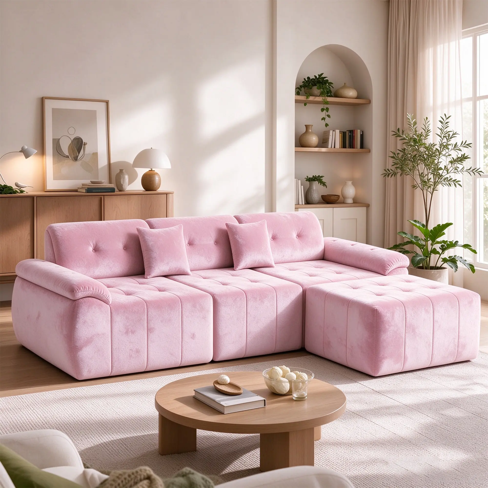 Mr IRONSTONE Cloud Modular Sectional Sofa, Deep Seat Chenille Couch with Movable Ottoman, 4 Detachable Sofa Blocks, Spring Pack Plus Extra Cotton Filling, For Small Space Living Room Apartment, Pink / Gray / Matcha Green