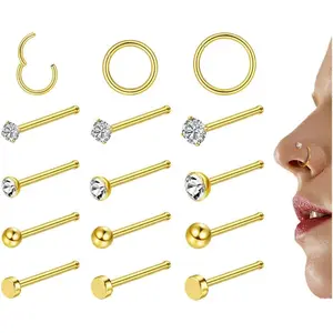 6-15Pcs 20G Nose Studs 18G Nose Rings Hoop for Women Men 316L Stainless Steel Clicker Hinged Nose Rings Hoop Straight L Shaped Nose Studs Nose Piercing Jewelry Silver Gold (Gold-CZ-Straight)